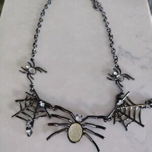 A Halloween spider web necklace complete with three sparkling spiders.